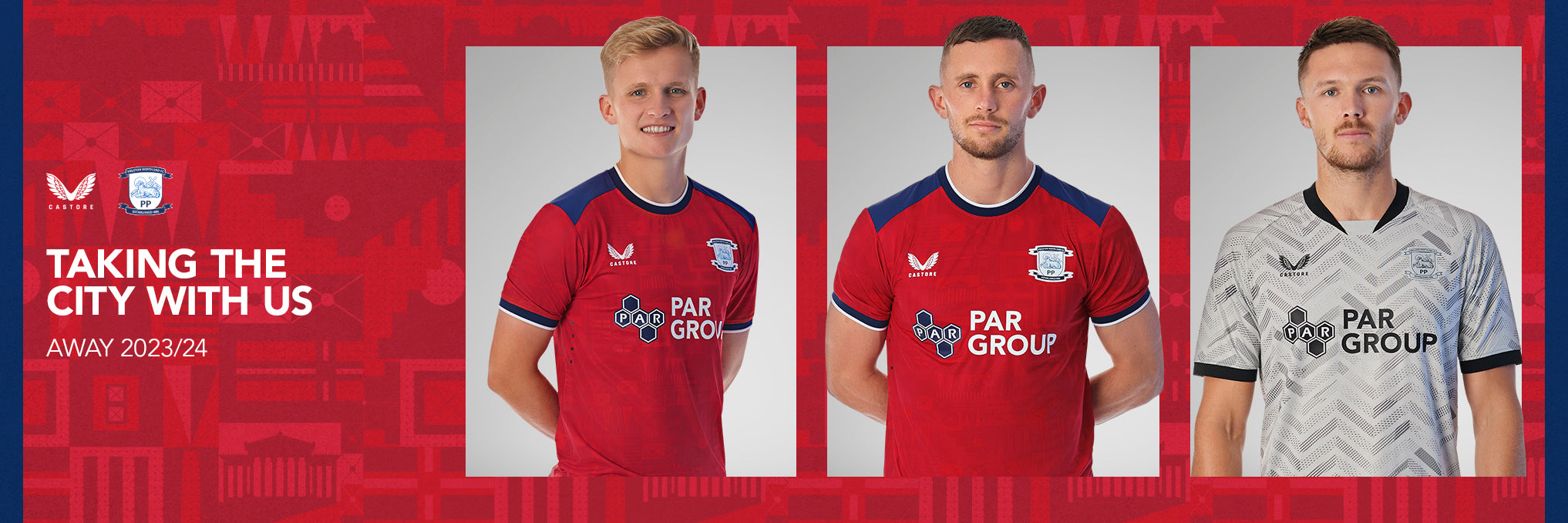 Three players in 23/24 Away red kits with PAR GROUP sponsor.