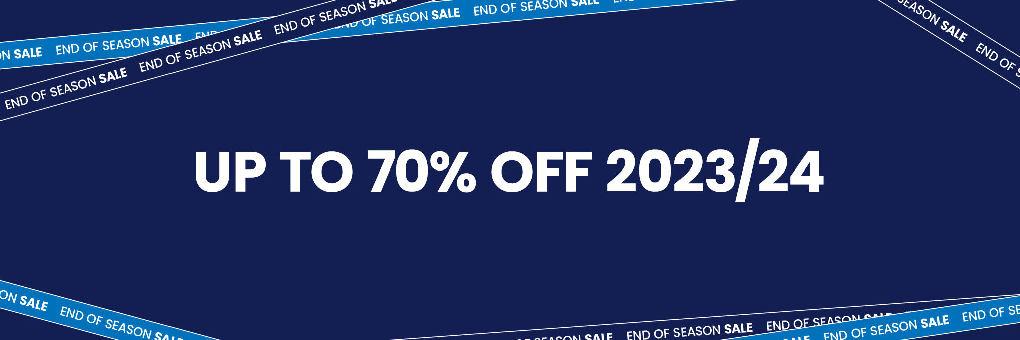 End of season sale banner with bold 70 off message on navy background and diagonal sale ribbons.