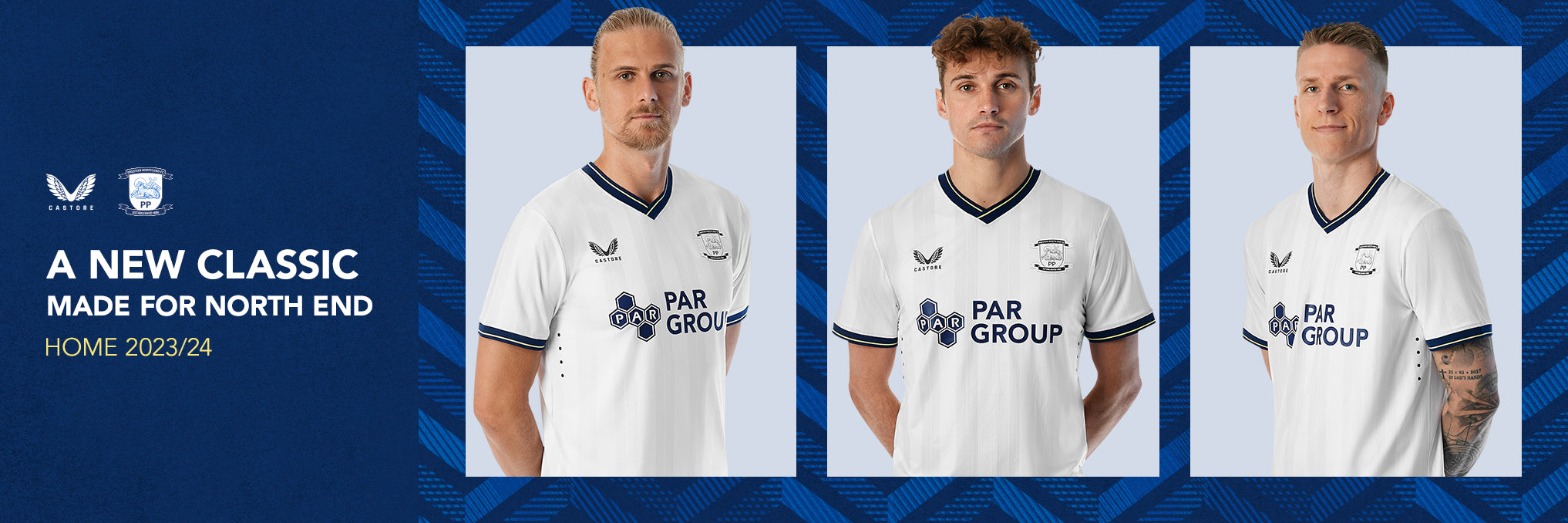 Preston North End 23/24 Home kit banner with three players in white shirts on a blue patterned background