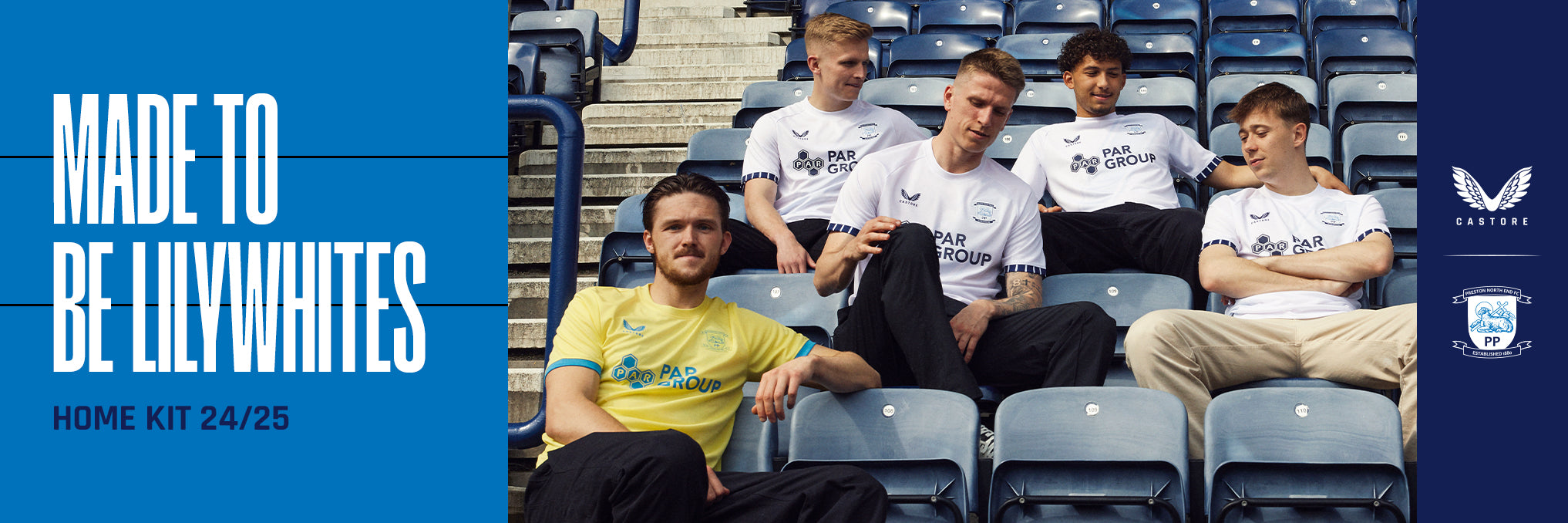Banner for 24/25 Home Kit Men’s collection showing players on stadium seats beside a bold blue panel