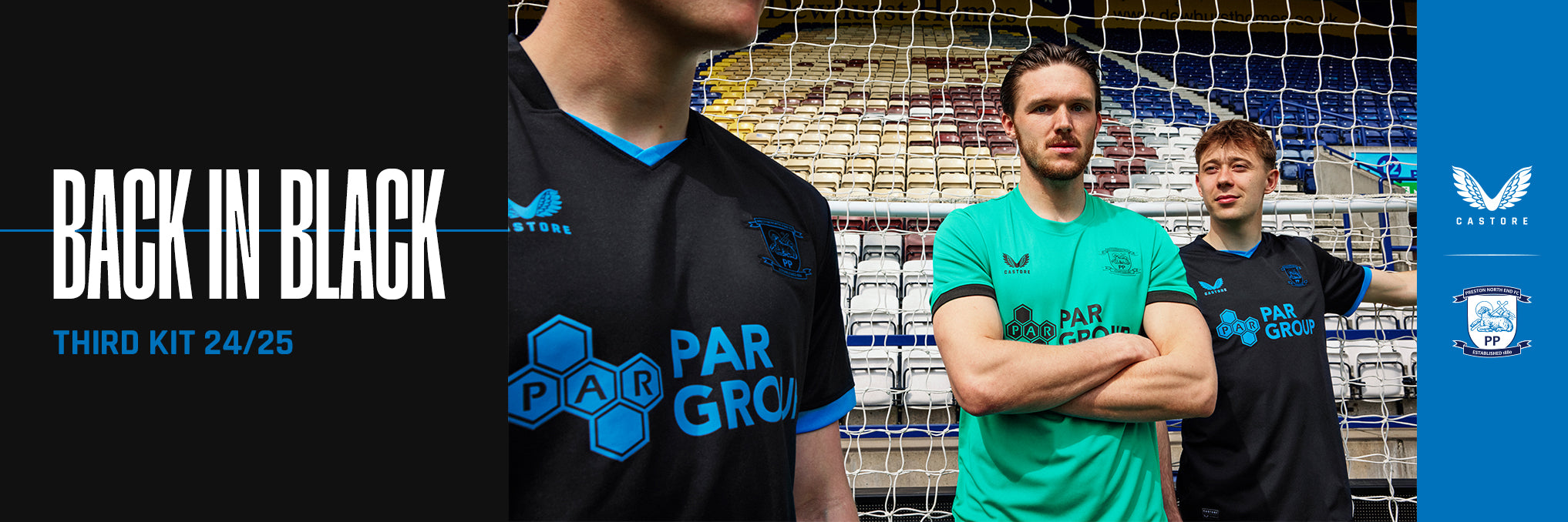 Mens third kit 24/25 promo showing players in black navy and teal goalkeeper jersey posing near a goal.
