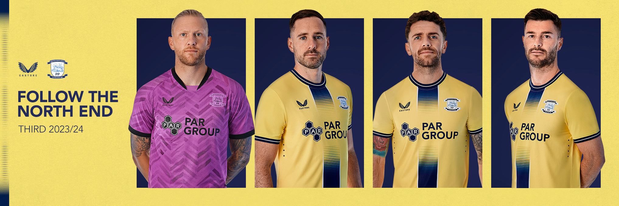 Four players wear the 23/24 women's third kit in purple and yellow, posed against navy panels on a yellow banner.