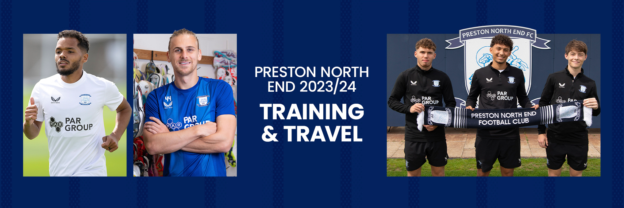 Preston North End training and travel collage featuring players in white and blue training tops and a trio with a club scarf