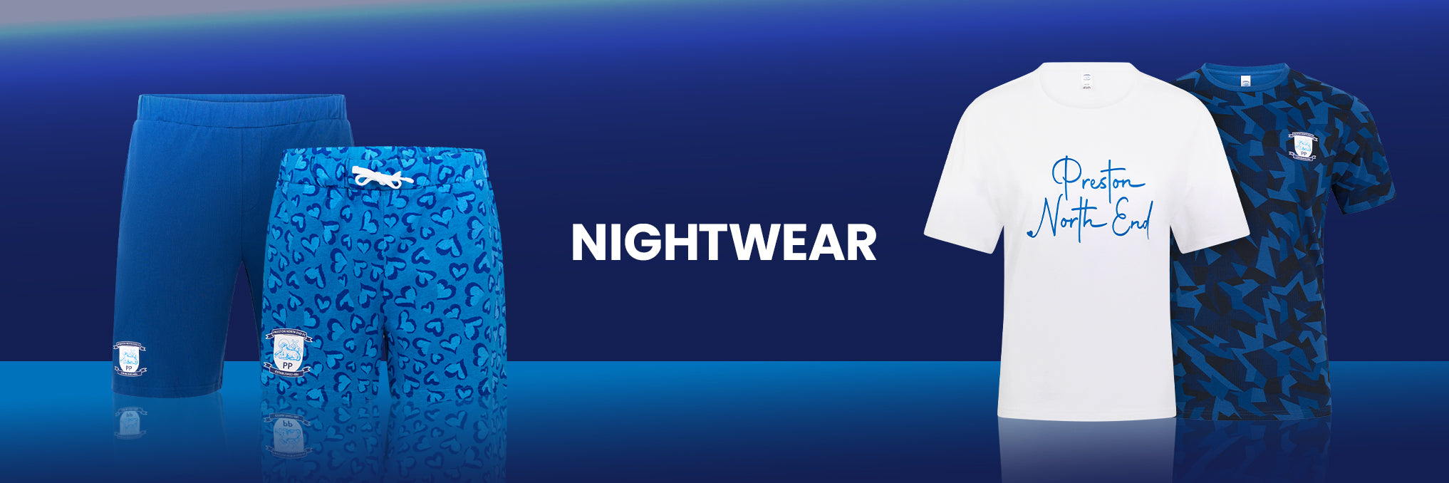 Nightwear banner displaying blue lounge pants, patterned shorts, and two graphic tees with team crest