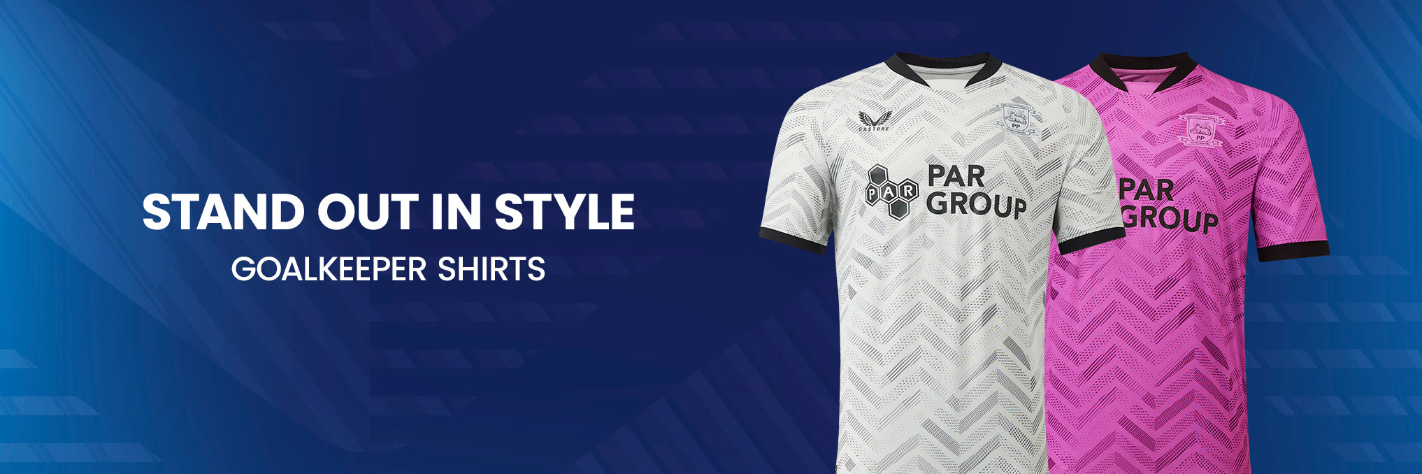 Stand out in style goalkeeper shirts featuring white and pink jerseys on a blue banner