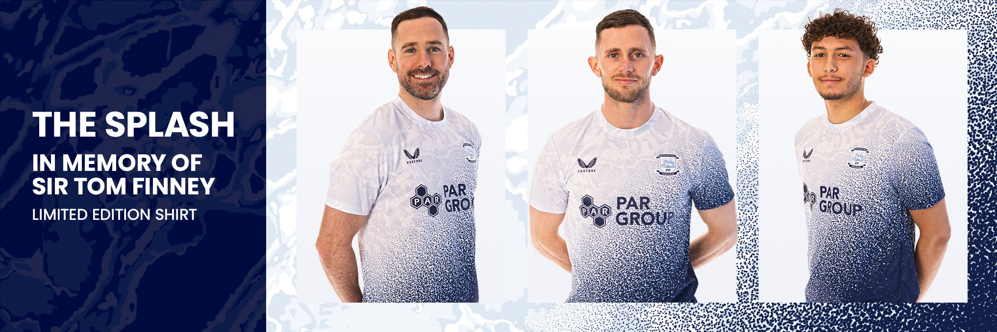 Promotional banner displaying three models wearing the Sir Tom Finney limited edition shirt with a light gradient design.