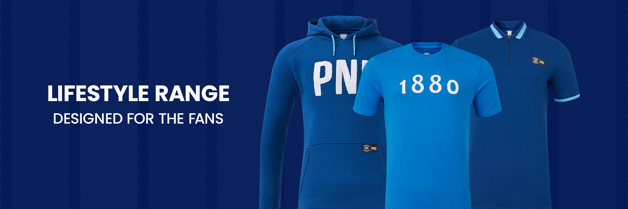 Blue 23/24 Fanwear lineup with a hoodie and two polo shirts.