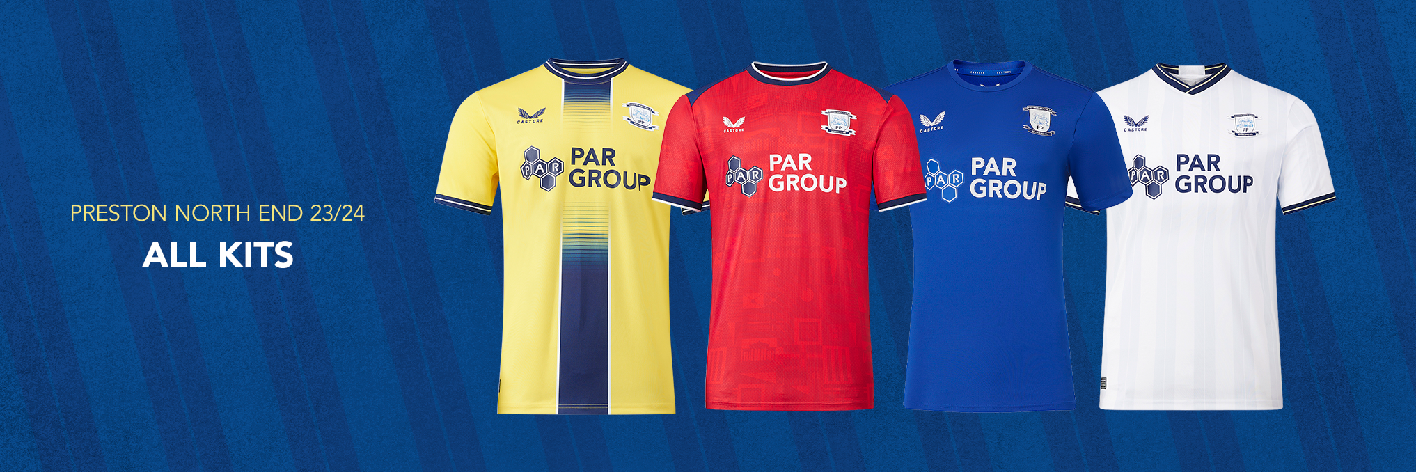 Preston North End 23/24 all kits banner featuring yellow navy red blue and white jerseys.