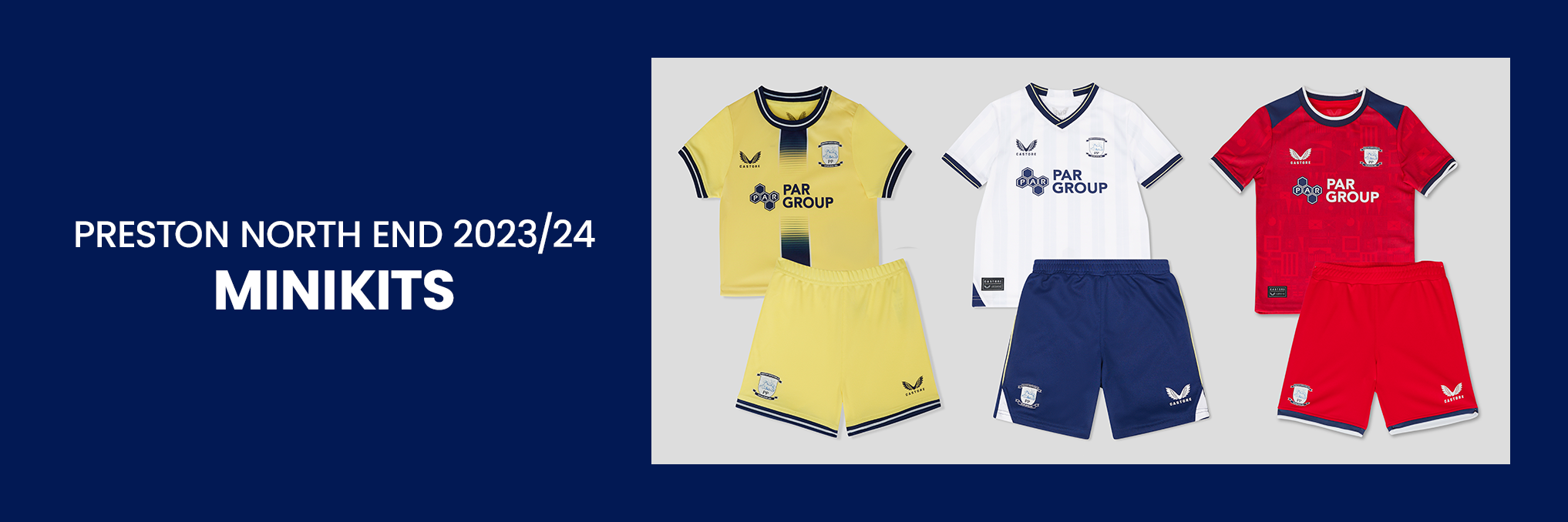 Preston North End 23/24 minikits featuring yellow white and red away kits with matching shorts