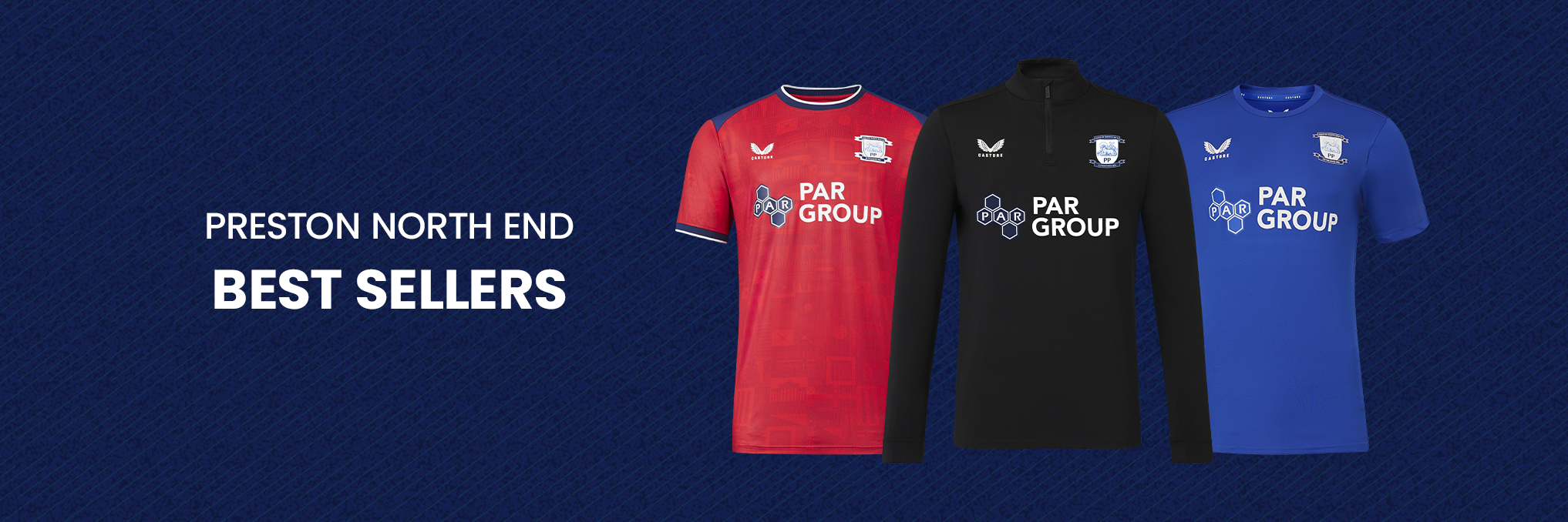 Preston North End best sellers banner with red black and blue jerseys on a dark blue background.