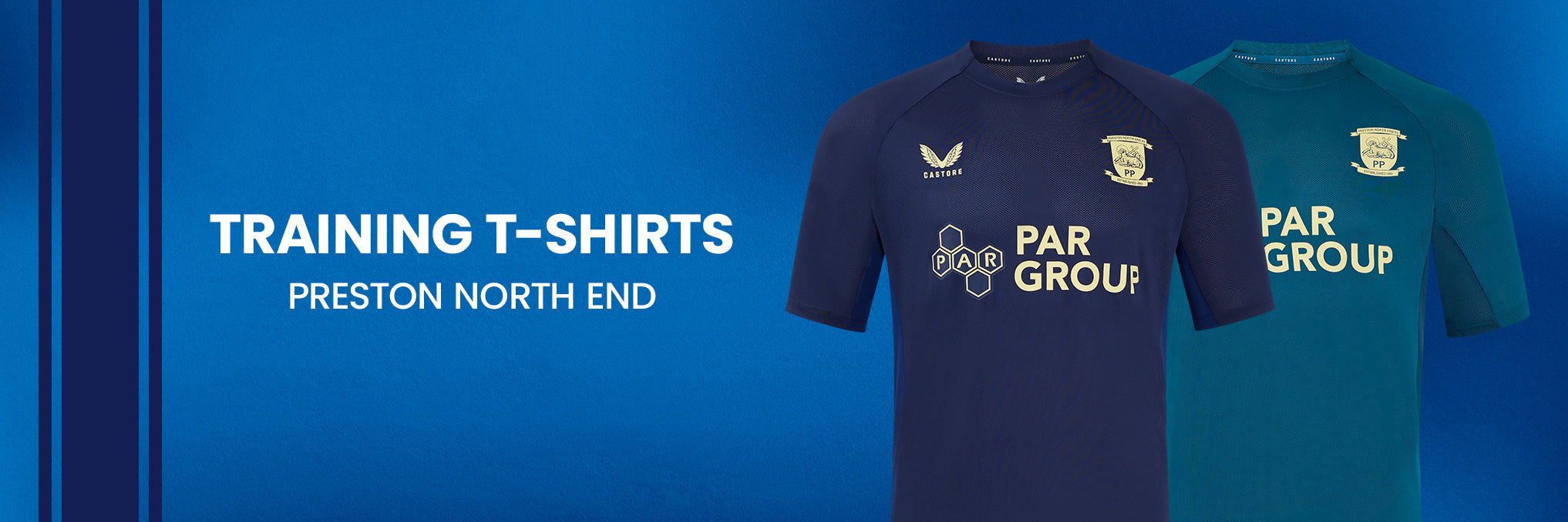 Banner for Training T-Shirts Preston North End with navy and teal jerseys set against a blue backdrop and bold TRAINING T-SHIRTS text