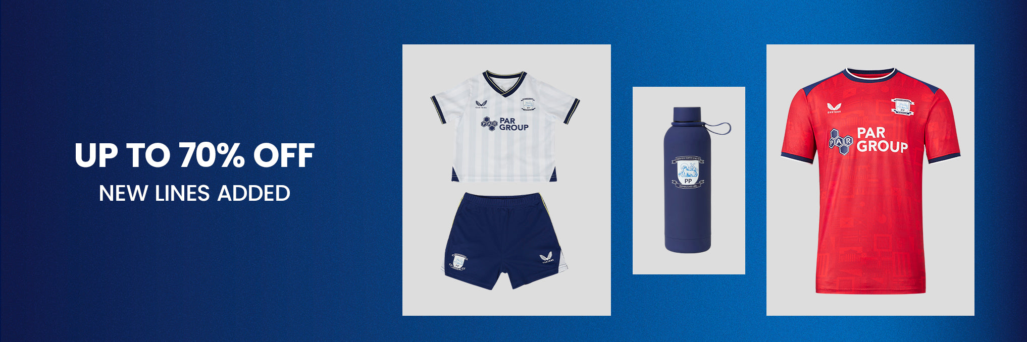 Blue sale banner collage showing striped white jersey navy shorts a blue bottle and a red jersey.