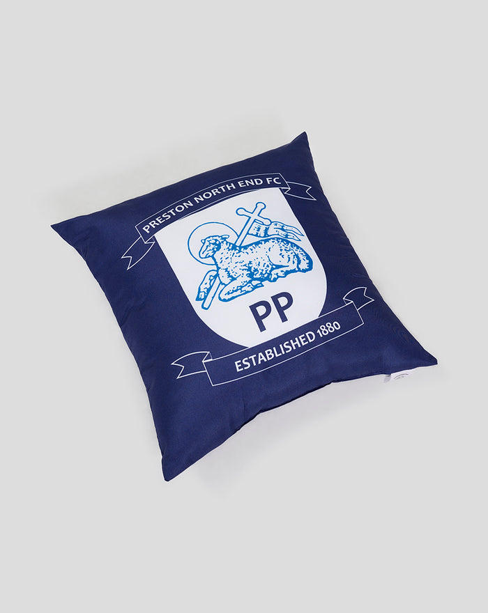 Blue square cushion featuring Preston North End FC crest with PP initials and established 1880.