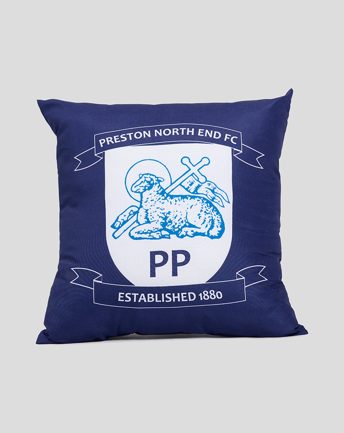Navy square cushion featuring the Preston North End FC crest and banner design