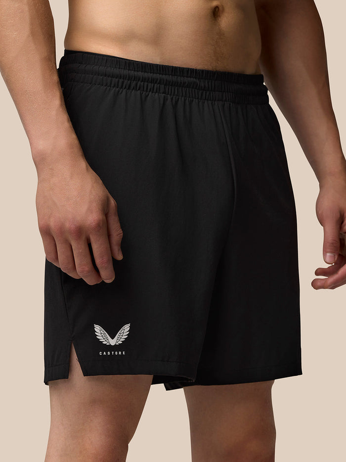 Black Adapt Training 6 inch shorts with a logo on the left leg
