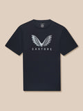 Flat lay navy graphic T shirt with large silver wings logo and CASTORE branding