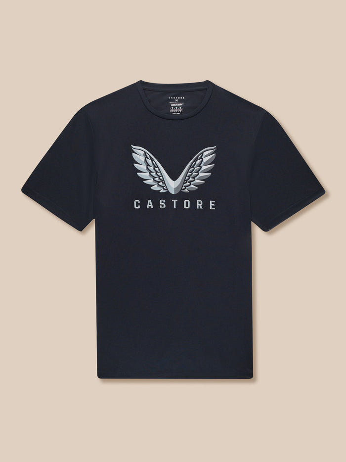 Flat lay navy graphic T shirt with large silver wings logo and CASTORE branding