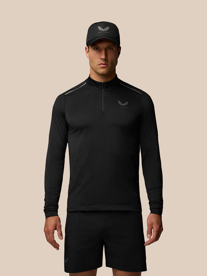 Male model in black Apex Training Quarter Zip Top with stand collar and zip front