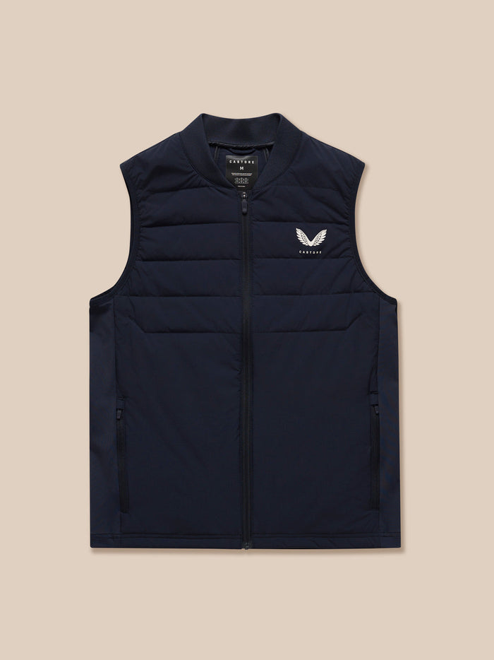 Navy Apex Training Gilet sleeveless with front zipper and zip pockets and Castore chest logo