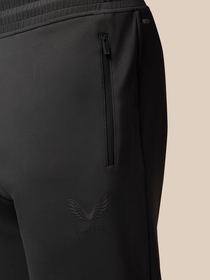 Close-up of side vertical zip pocket on charcoal Flex Joggers with Protek branding.