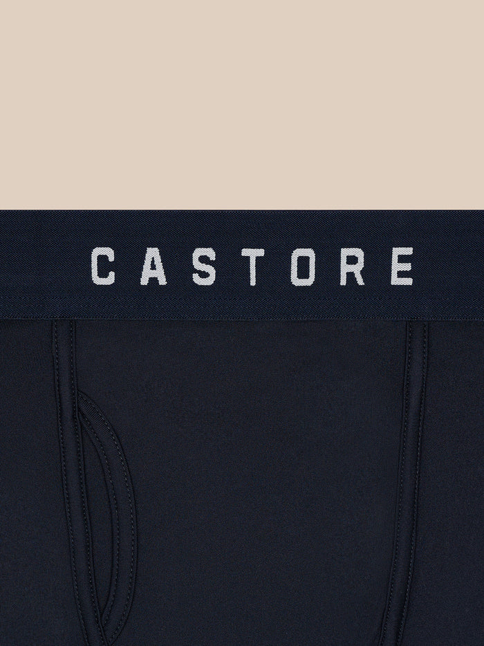 Close-up of navy active boxer shorts waistband with CASTORE branding