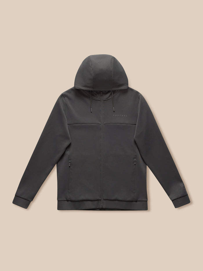 Flat lay front view of charcoal Flex Lifestyle Full Zip jacket with hood and zip pockets.