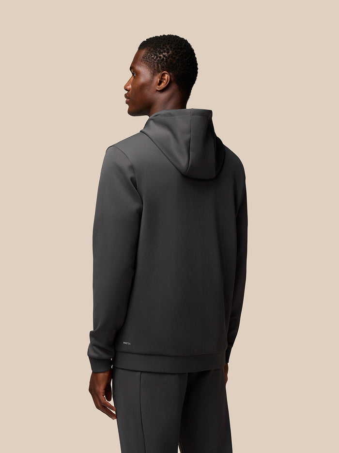 Back view of a man in charcoal Flex Lifestyle Full Zip jacket with hood and drawstrings