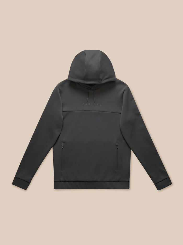 Flat lay charcoal Flex Lifestyle Hoodie with hood, CASTORE logo across chest and visible zip pockets