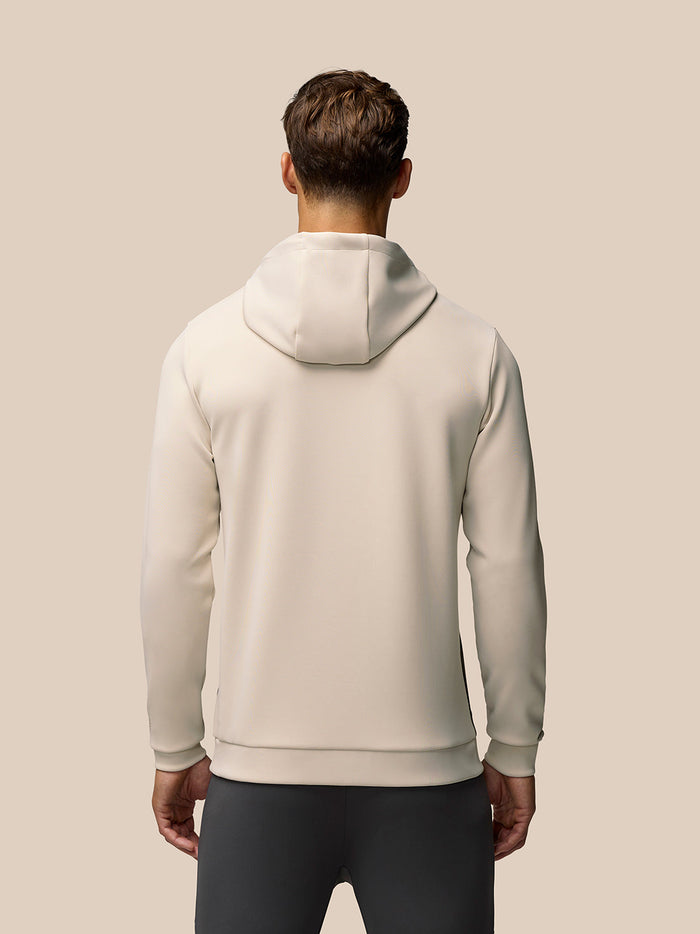 Back view of beige Flex Lifestyle Hoodie showing hood and clean silhouette.