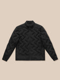 Close-up of dark jacket fabric with smooth matte finish and visible weave.
