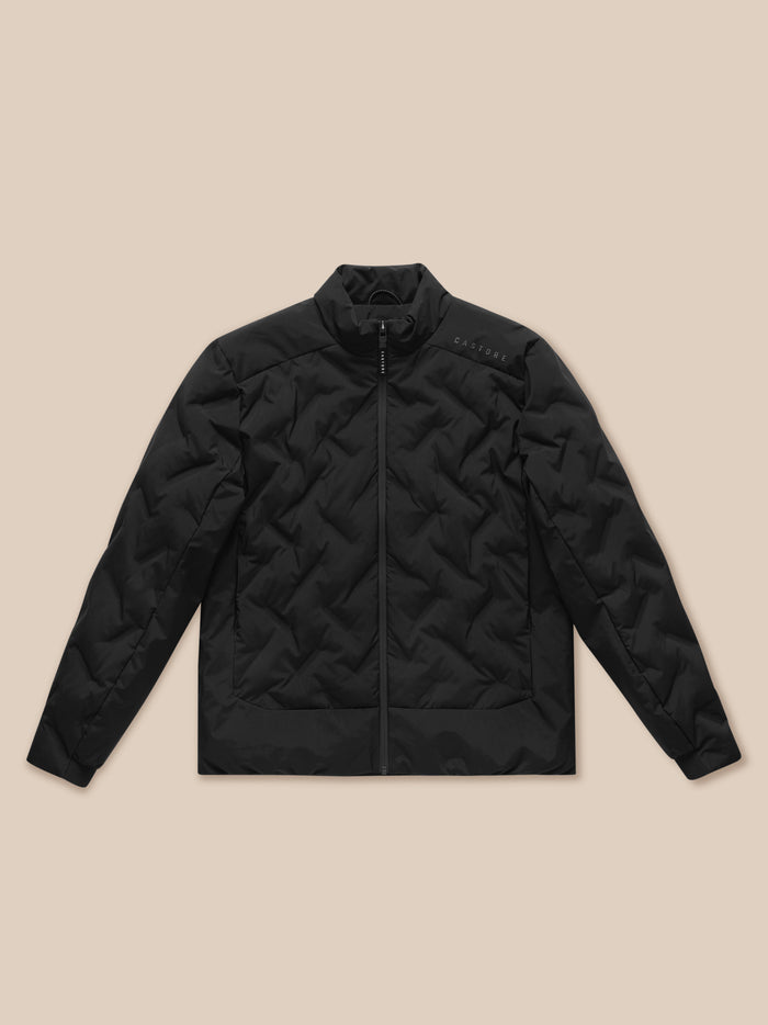 Close-up of dark jacket fabric with smooth matte finish and visible weave.