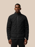 Male model wearing black padded jacket with stand collar and center front zip.