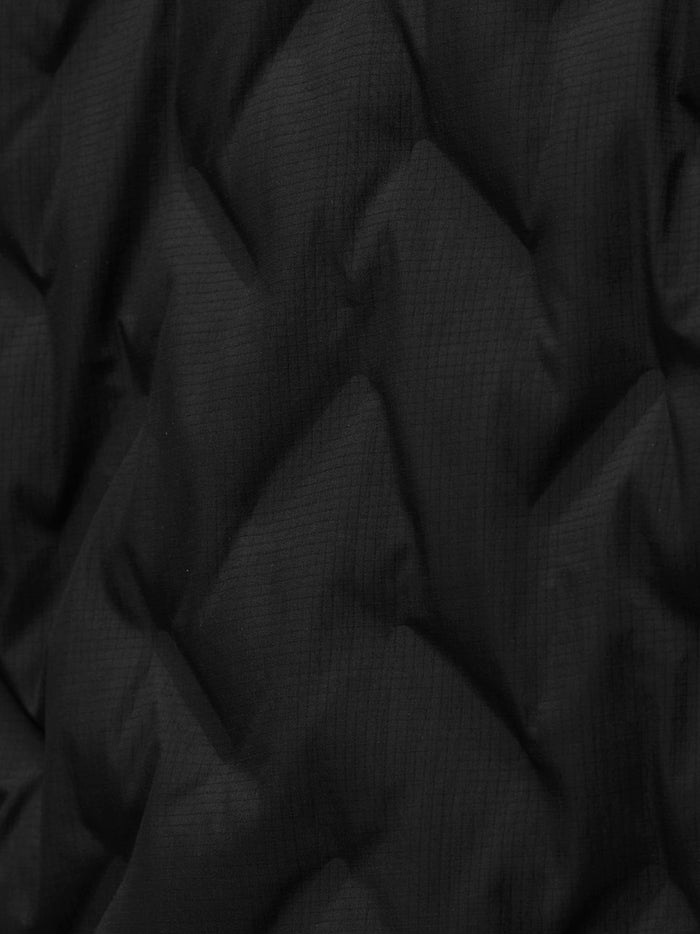 Close-up of black jacket fabric showing subtle grid texture.