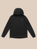 Front view of a model wearing the black Flex Winterised Jacket with full zip and hooded silhouette