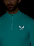 Close-up of chest on light aqua Zone Training 1/4 Zip Top with centered zipper and white winged logo