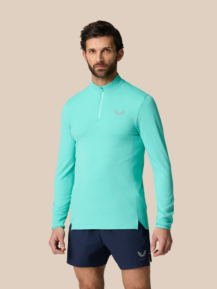 Light aqua Zone Training 1/4 Zip Top worn by a model featuring long sleeves and high neck.
