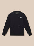 Black crewneck sweatshirt laid flat with white wing logo on left chest and zip pockets