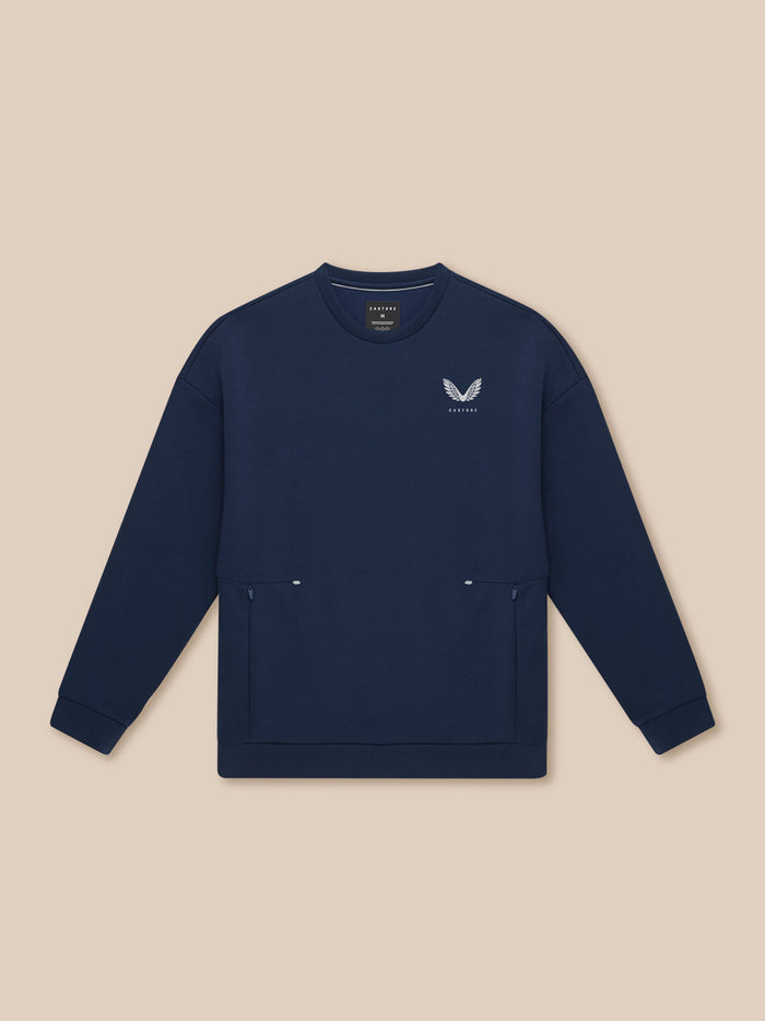 Navy Travel Lifestyle Sweatshirt front view with zip pockets and small left chest logo