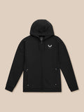 Black travel zip hoodie front view with three piece hood, zip closure, zip pockets and left chest logo