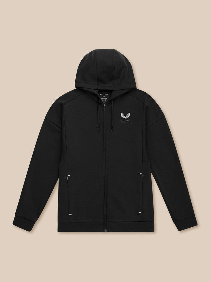 Black travel zip hoodie front view with three piece hood, zip closure, zip pockets and left chest logo