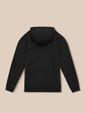 Back view of black travel zip hoodie with attached hood and clean straight silhouette
