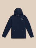 Navy Travel Lifestyle Hoodie laid flat with hood and front pocket Castore branding on chest