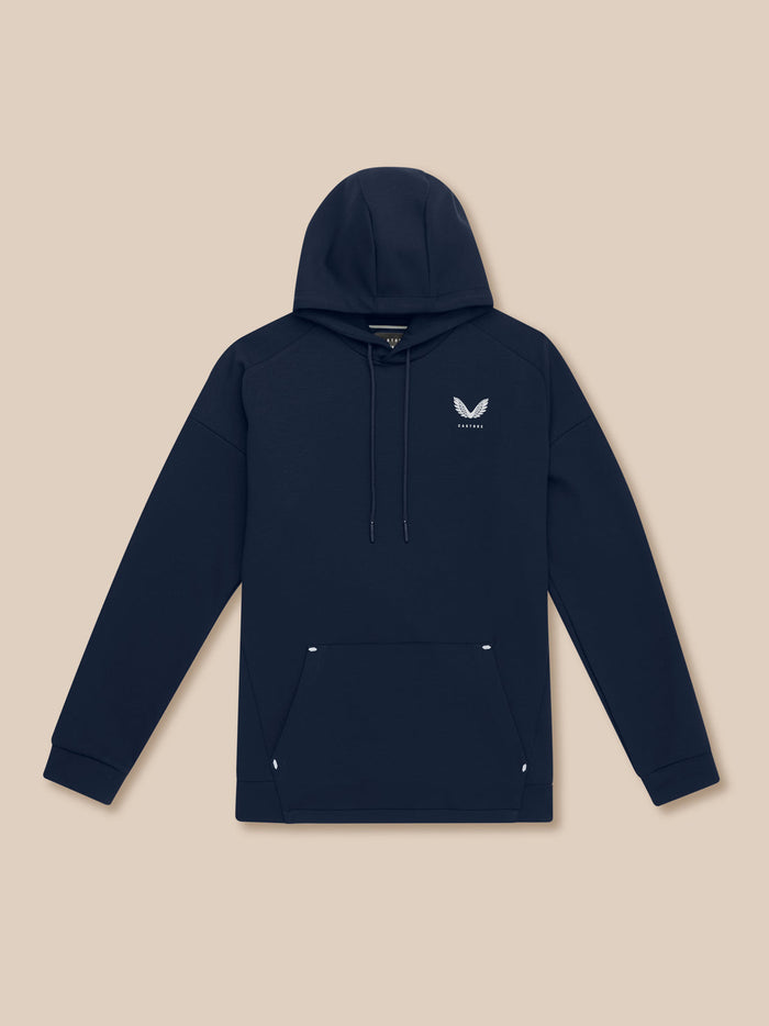 Navy Travel Lifestyle Hoodie laid flat with hood and front pocket Castore branding on chest