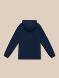 Back view of navy Travel Lifestyle Hoodie showing hood and dropped shoulders
