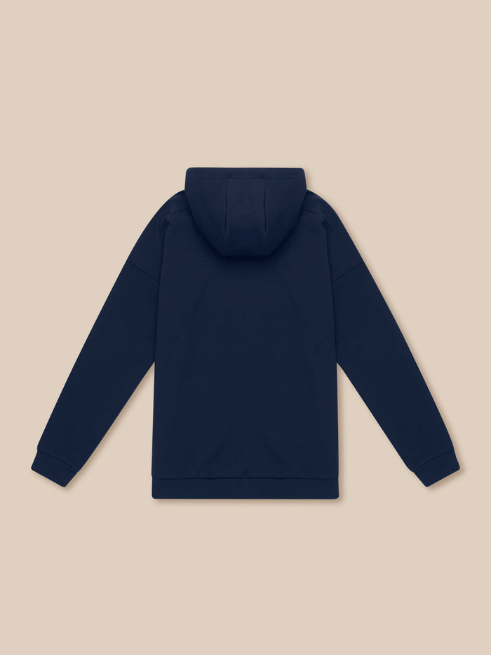 Back view of navy Travel Lifestyle Hoodie showing hood and dropped shoulders