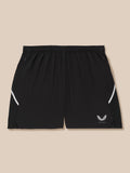 Waistband area of black Apex shorts showing zip pocket and white side panel with Castore logo