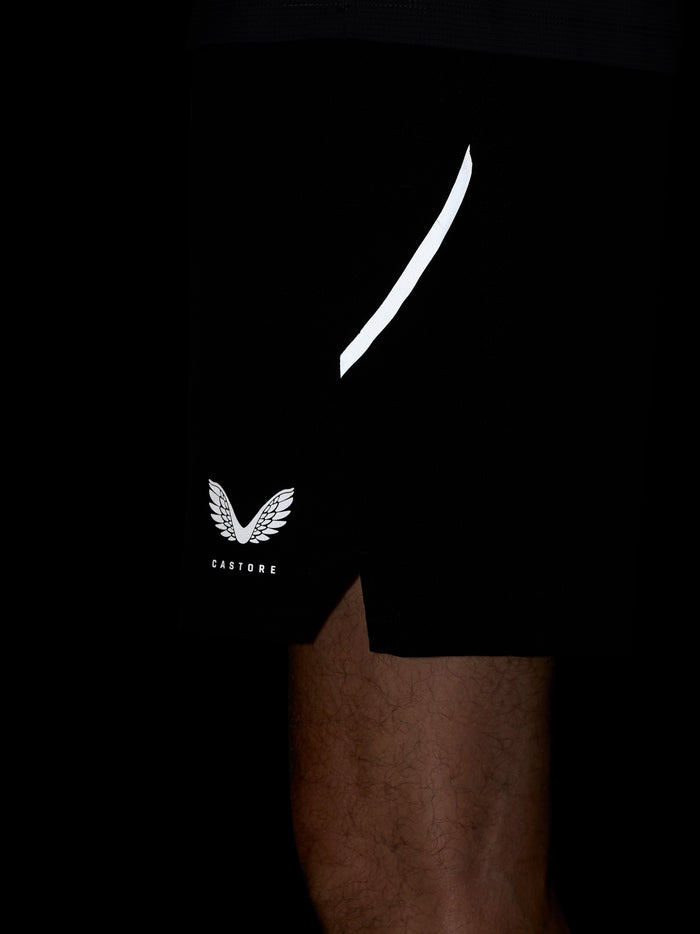 Close up of black Apex shorts fabric with a white curved stripe and Castore wing logo