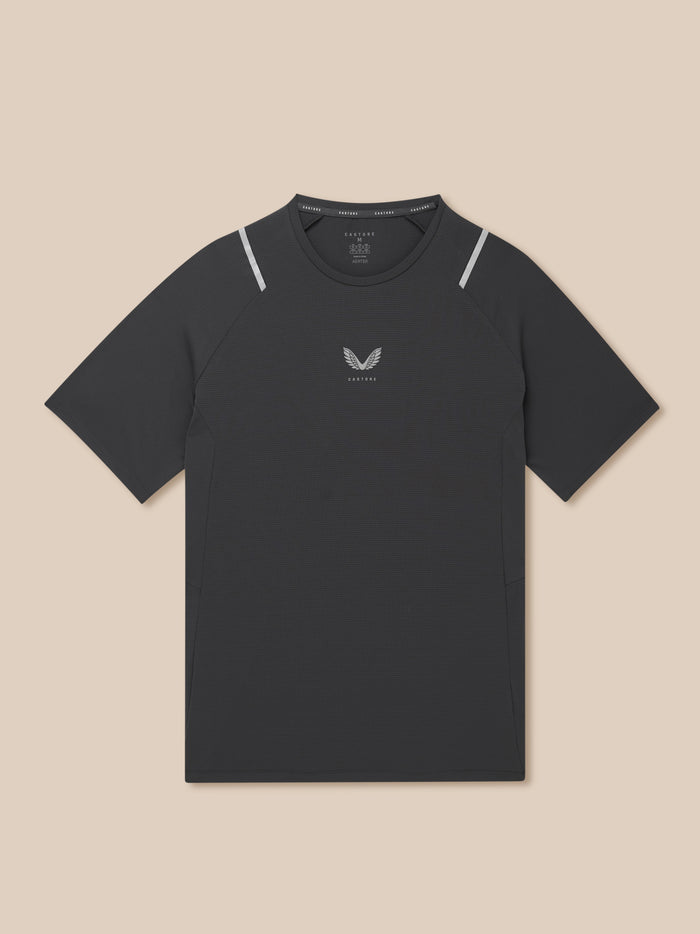 Apex Training T Shirt in gunmetal gray with reflective shoulder accents and a centered Castore logo on the chest