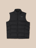 Front view of black sleeveless puffer gilet with full zipper and left chest logo