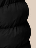 Close up of a black puffer gilet showing a vertical zipper and stitched panels